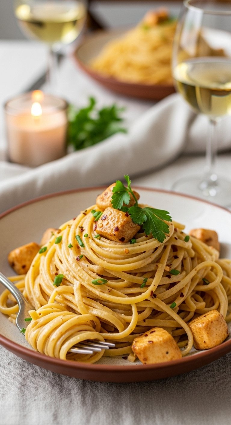 Twirled Linguine Coated In Creamy Sauce With Golden Chicken And Fresh Herbs In A Rustic Bowl.