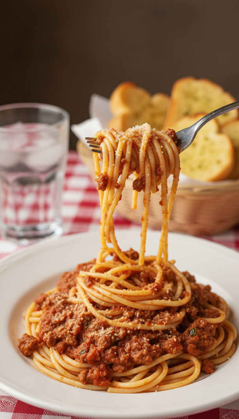 Twirled Spaghetti And Meat Sauce On A Fork Above A White Plate Sprinkled With Parmesan Cheese.