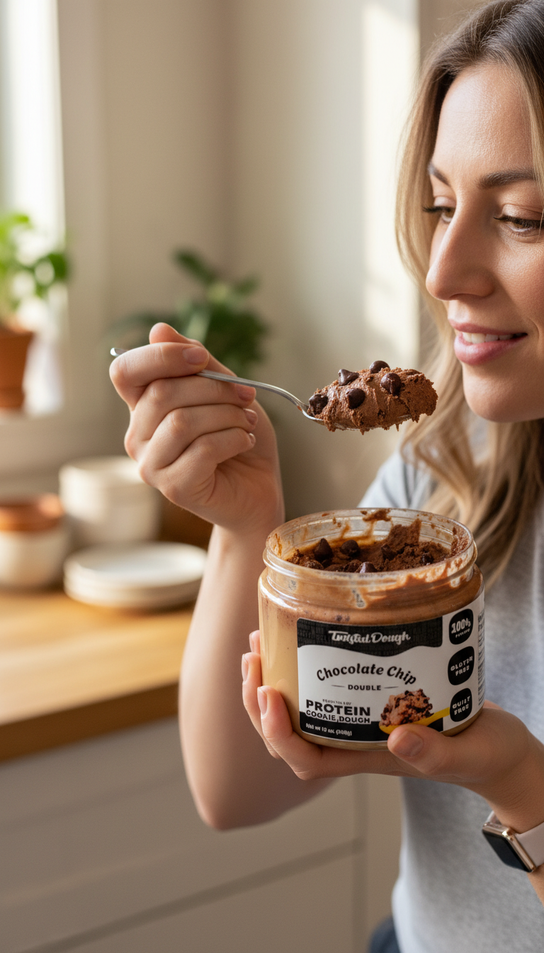 A Jar Of Twisted Dough Double Chocolate Chip With A Spoon Resting On The Side, Next To A Notebook With Tasting Notes.
