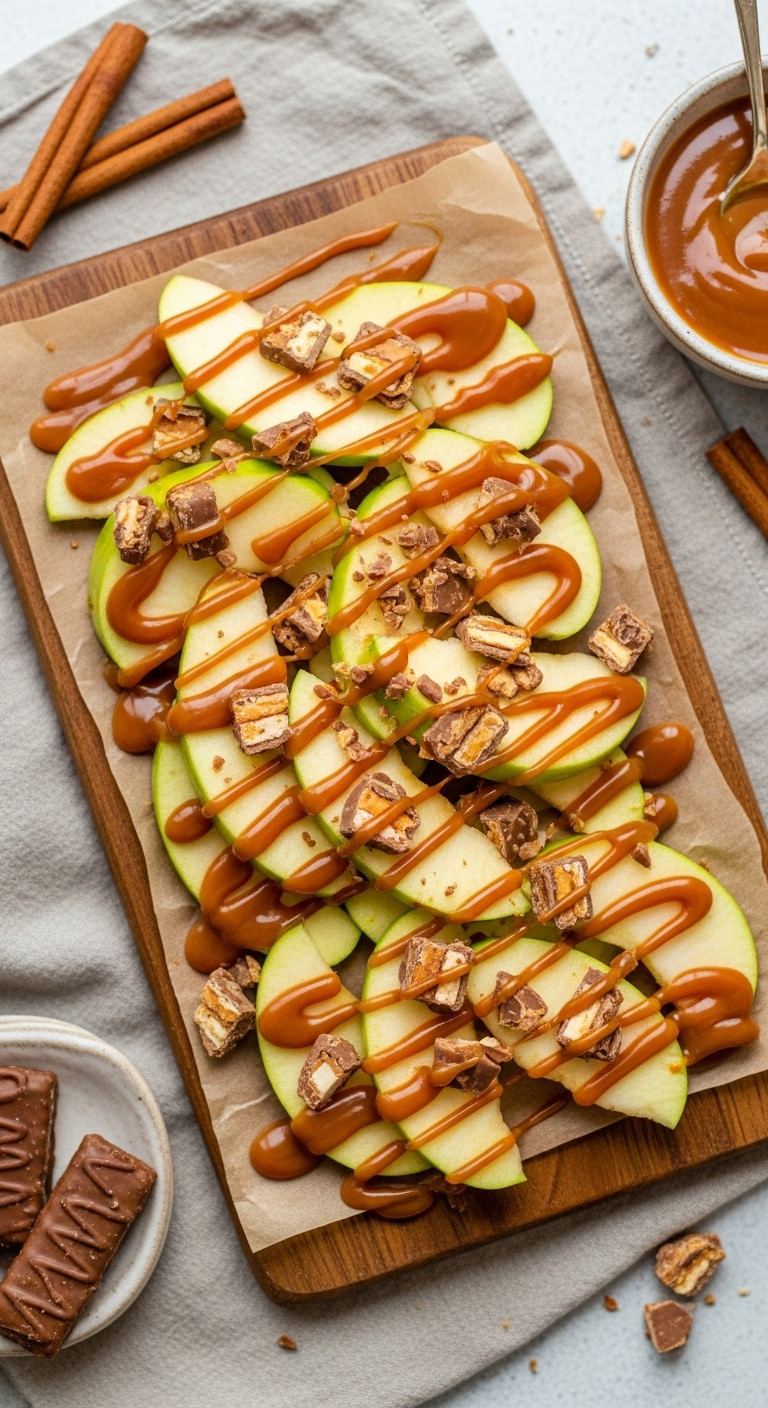 Twix Caramel Apple Nachos: Crisp Apple Slices Drizzled With Caramel, Topped With Crunchy Twix Pieces On Wood Board.