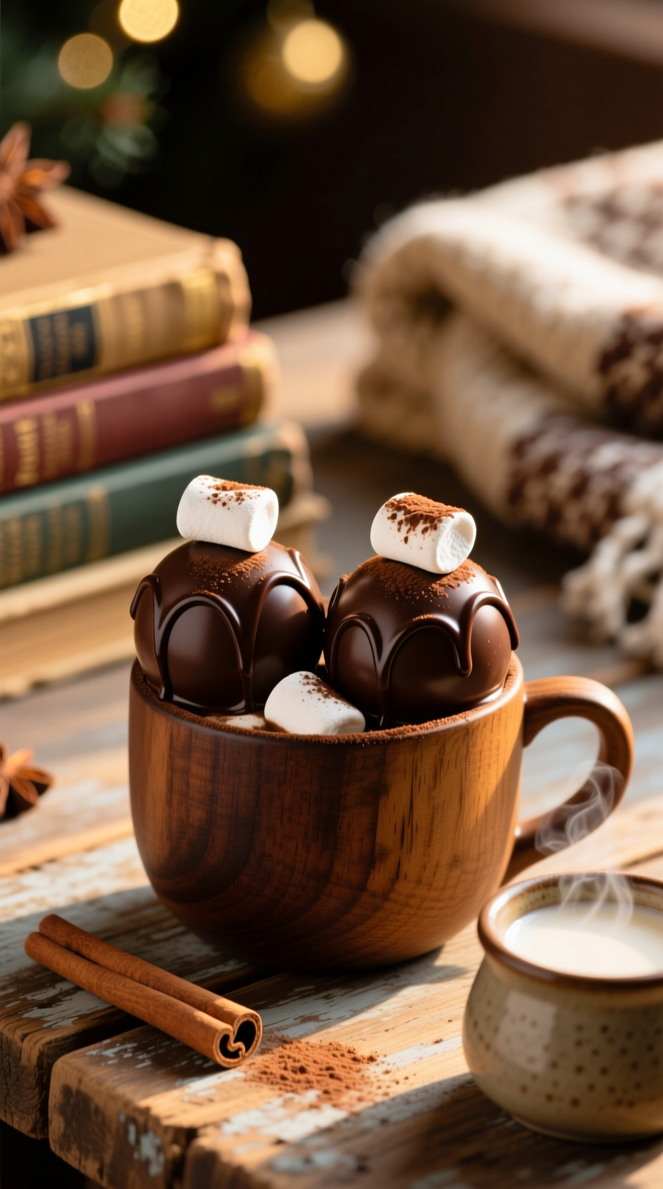 Two Hot Cocoa Bombs With Chocolate Shell, Marshmallows, In Rustic Wooden Mug, Steaming Milk, Cinnamon Stick On Table.