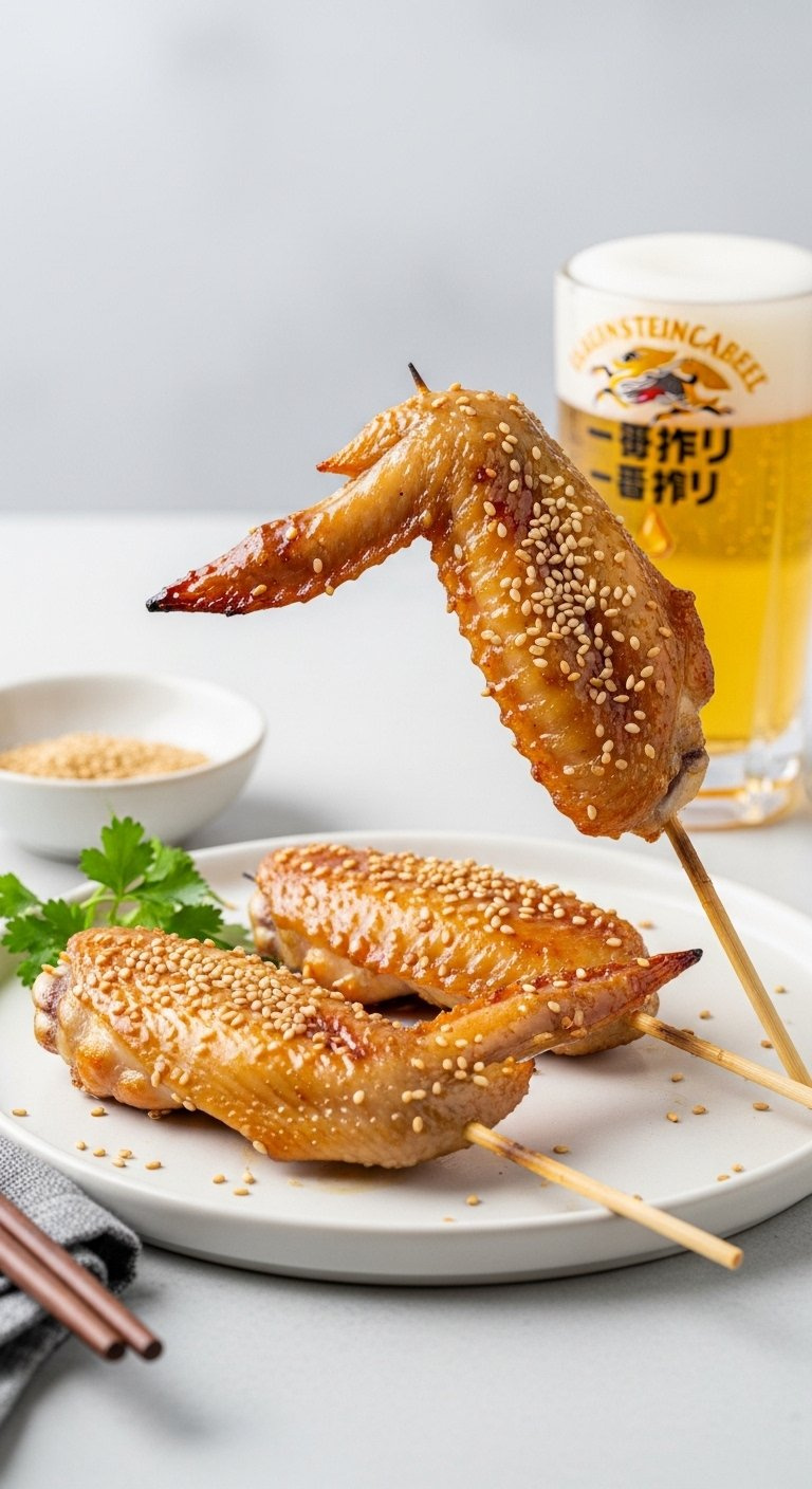 Two Tebasaki Chicken Wing Skewers Grilled Golden Brown With Sesame Seeds Served On A White Plate.