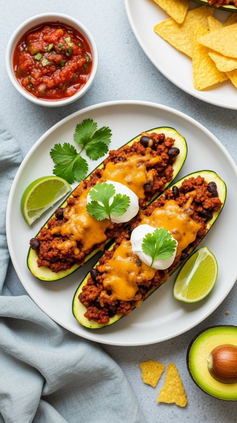 Two Tex-Mex Zucchini Boats Overflowing With Seasoned Ground Beef Black Beans Topped With Melted Cheddar Cheese And Sour Cream
