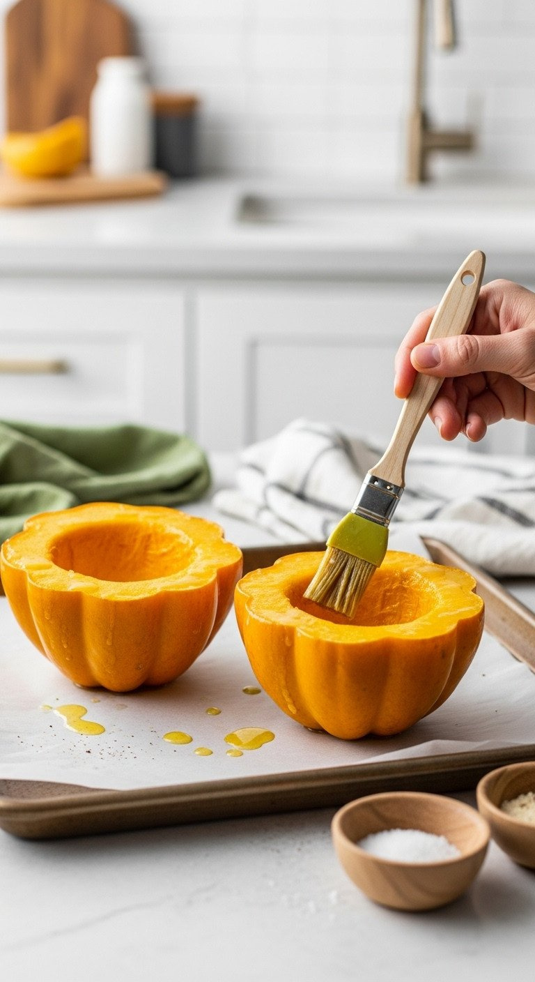 Two Acorn Squash Halves Brushed With Melted Butter On A Parchment-Lined Baking Sheet For Roasting, Healthy Fall Recipe.