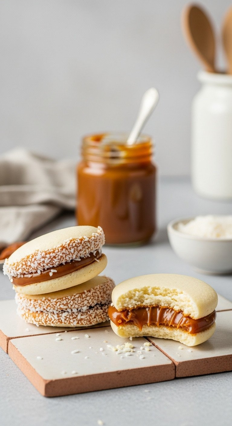 Two Authentic Argentinian Alfajores With Rich Dulce De Leche Filling, Rolled In Shredded Coconut, One Bitten.
