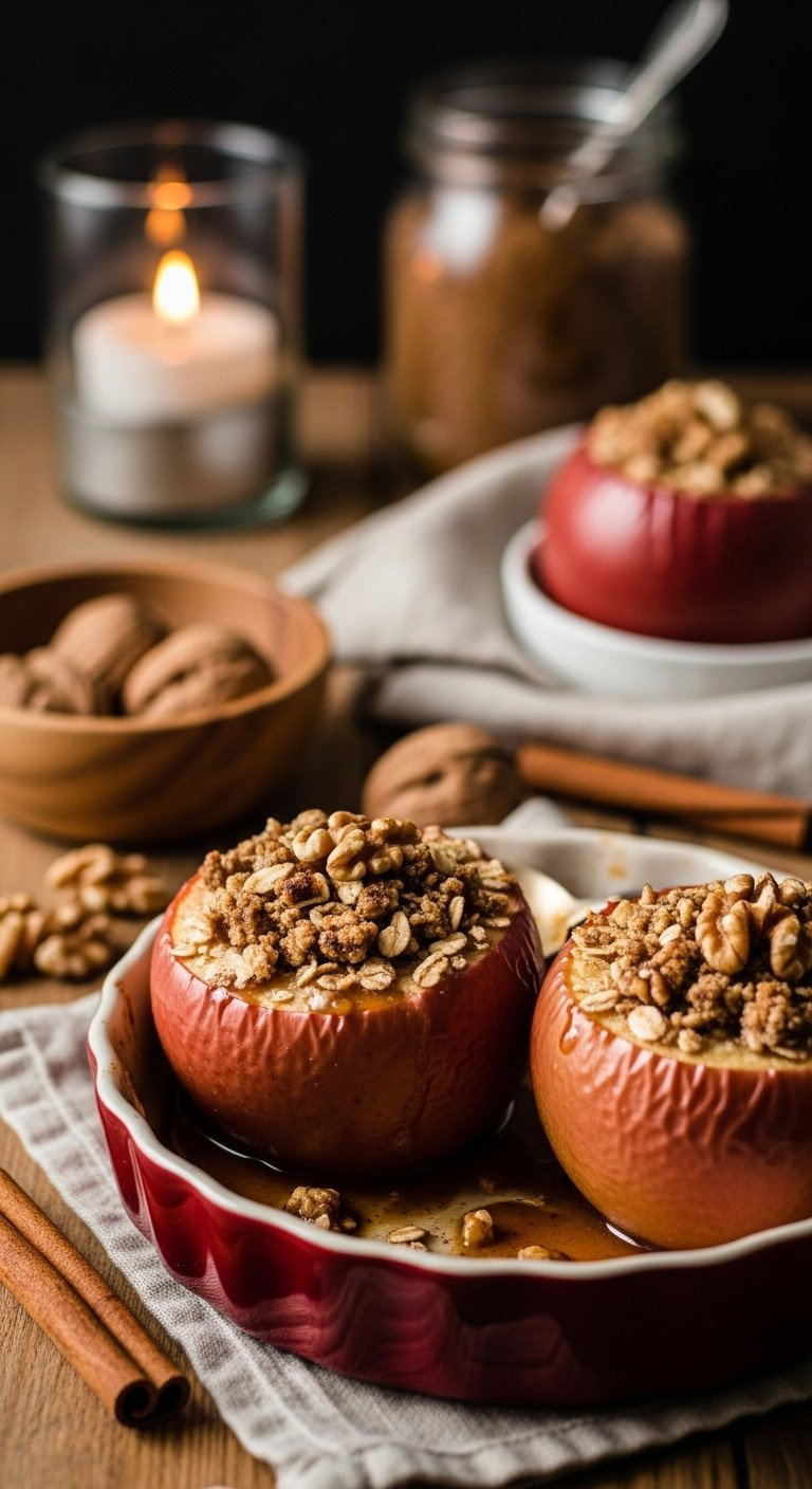 Two Baked Apples In A Dish, Stuffed With Oats, Walnuts, Cinnamon, And Caramel Syrup. Wholesome Cozy Dessert.