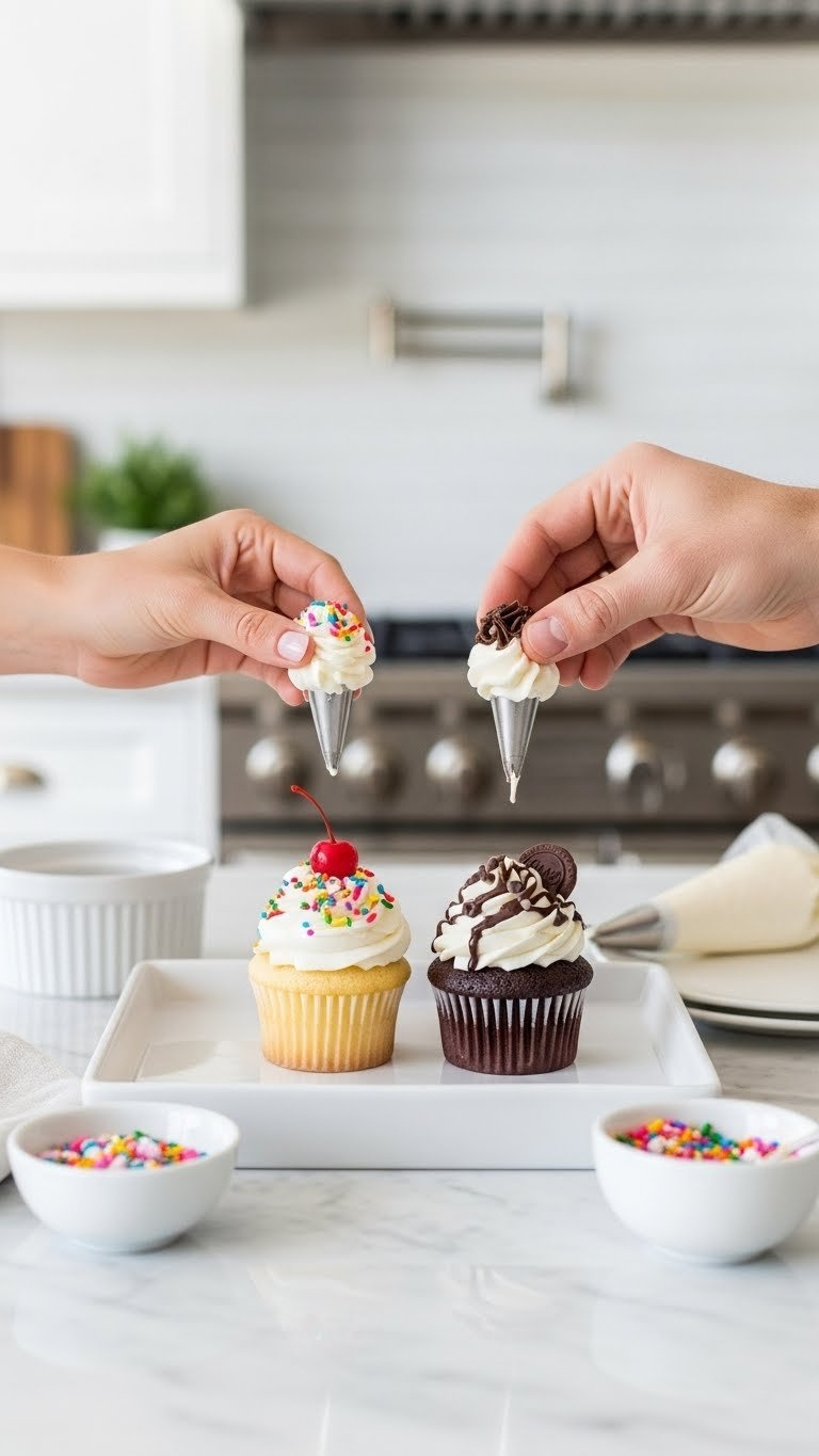 Two Beautifully Frosted Customizable Cupcakes With Rainbow Sprinkles And Chocolate Toppings On Elegant White Serving Platter
