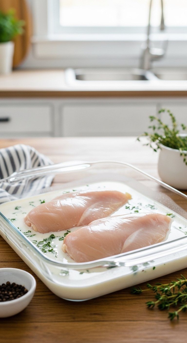 Two Boneless Chicken Breasts Submerged In Creamy Buttermilk Brine Inside A Clear Glass Baking Dish On A Rustic Wooden Table.