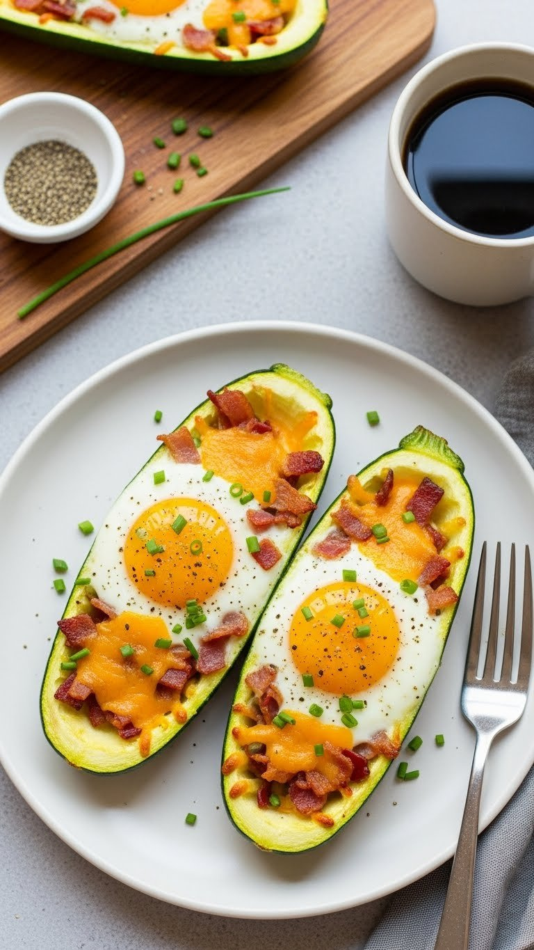 Two Breakfast Zucchini Boats Each Cradling Baked Sunny-Side-Up Eggs With Crispy Bacon Bits And Melted Cheddar Cheese Garnish