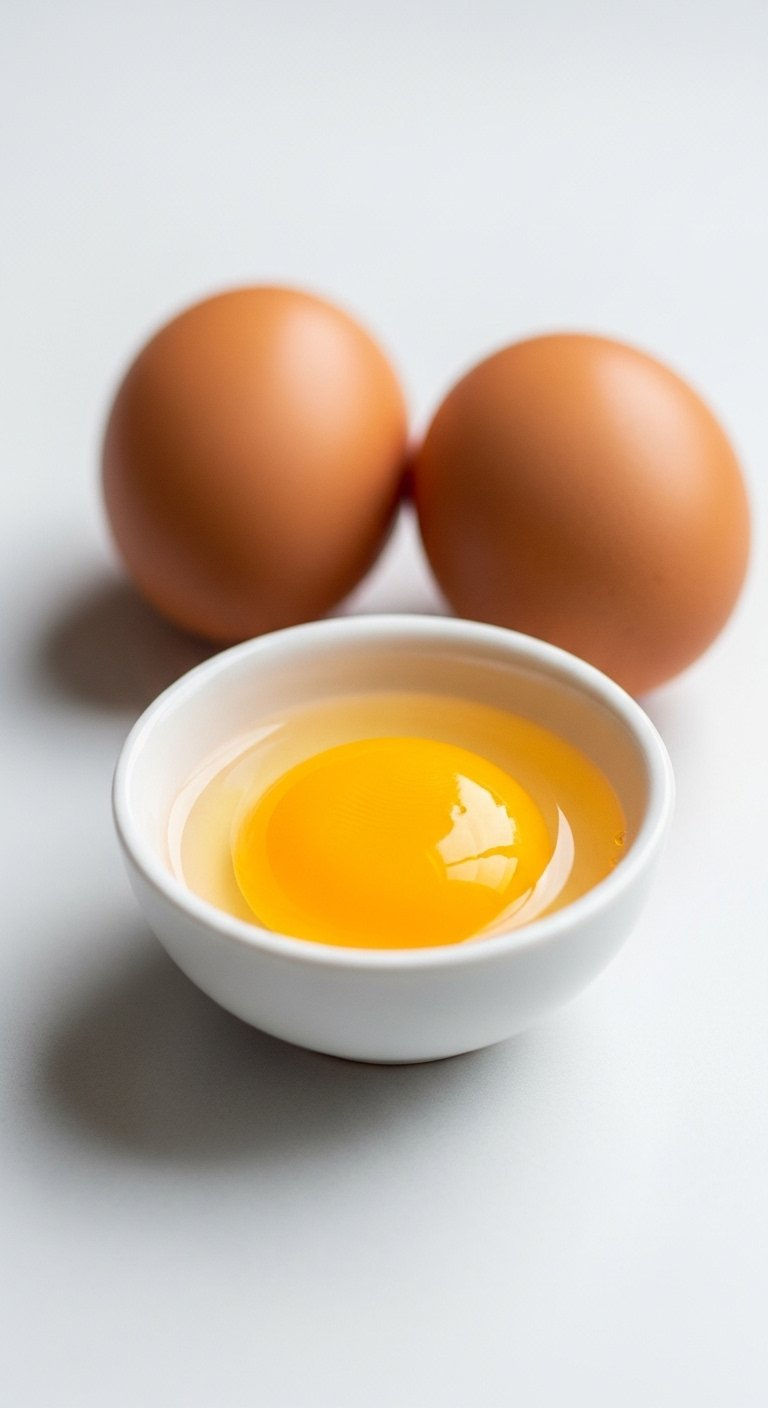 Two Brown Eggs And A Golden Yolk In A White Bowl On A Light Surface.