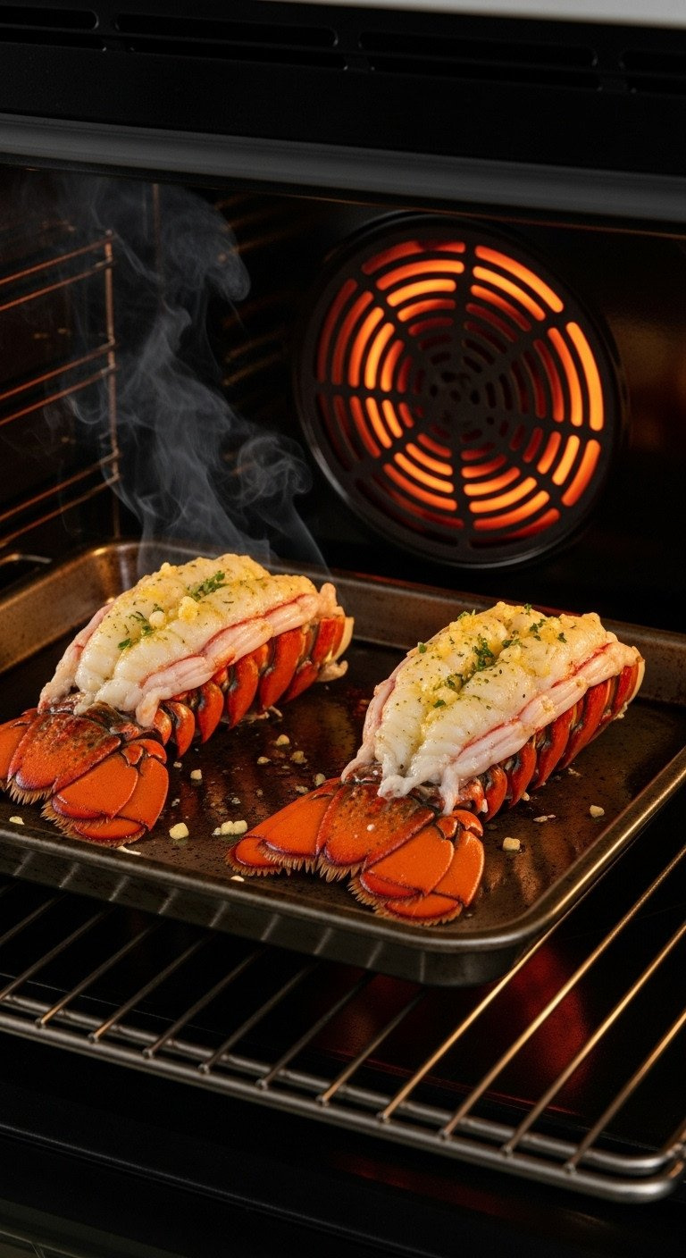 Two Butterflied Lobster Tails With Garlic Butter On A Broiler Pan Being Placed Into A Hot Oven With A Glowing Element.