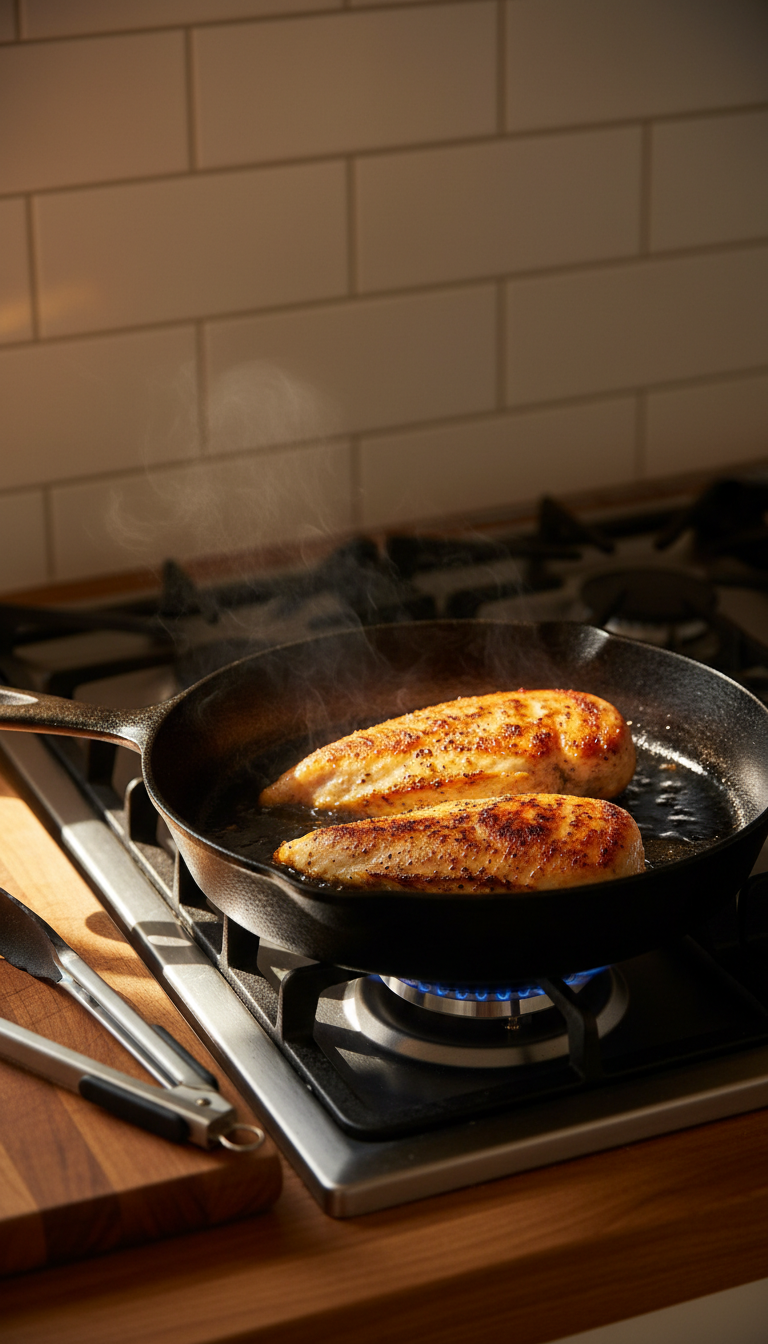 Two Chicken Breasts Searing In A Black Cast Iron Skillet With A Golden Brown Crust And Rising Steam.