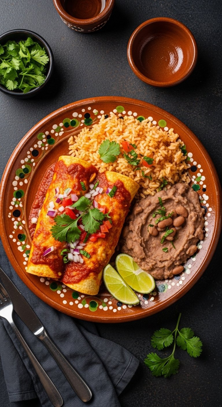 Two Chicken Enchiladas Plated With Mexican Rice And Refried Beans On A Rustic Ceramic Dish.