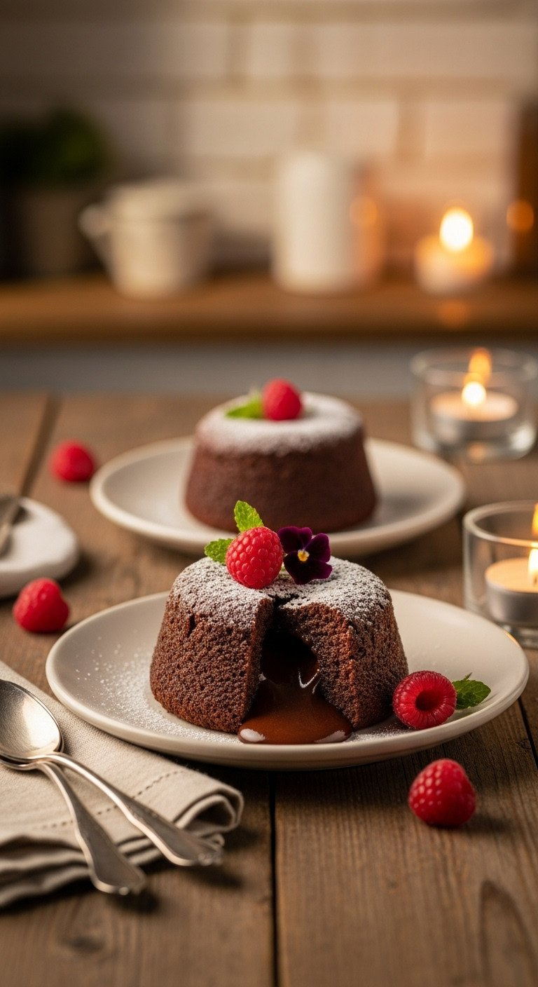 Two Chocolate Lava Cakes With Molten Centers, Dusted With Powdered Sugar, Garnished With Raspberries On A Rustic Table With Candlelight. Perfect For Sharing.