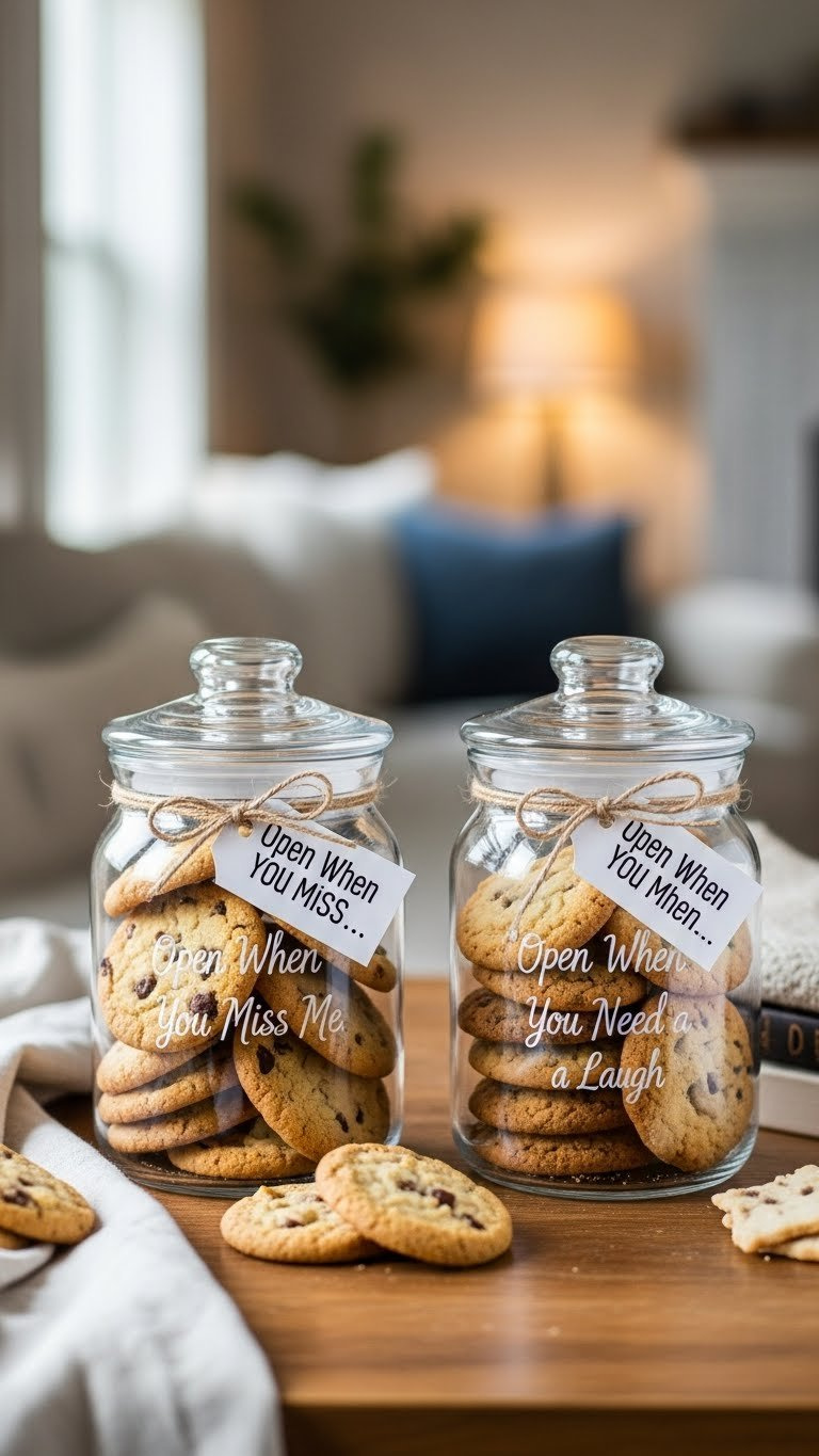 Two Clear Glass Cookie Jars With Twine Labels Filled With Homemade Cookies On Rustic Wooden Table