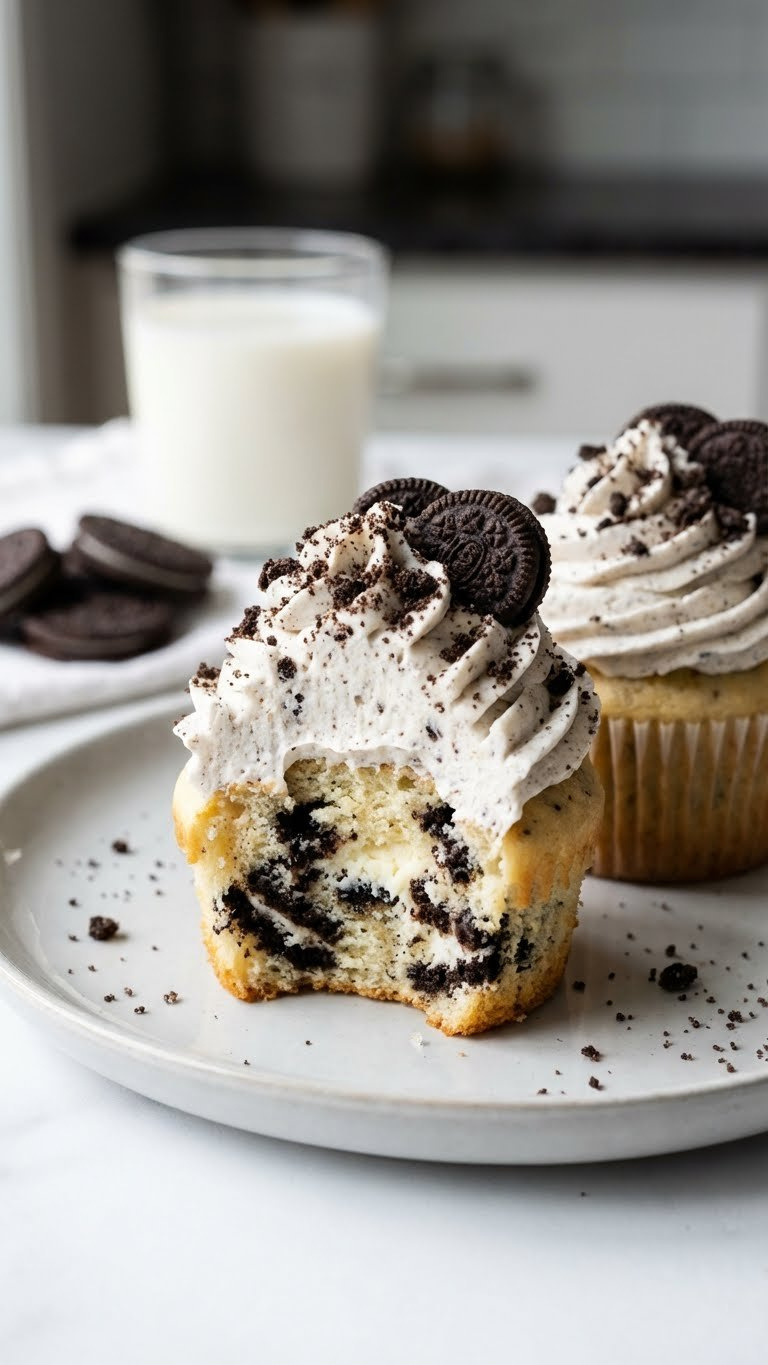 Two Cookies &Amp; Cream Cupcakes With White Buttercream And Crushed Cookies Sit On A Grey Plate With Milk And Whole Cookies.