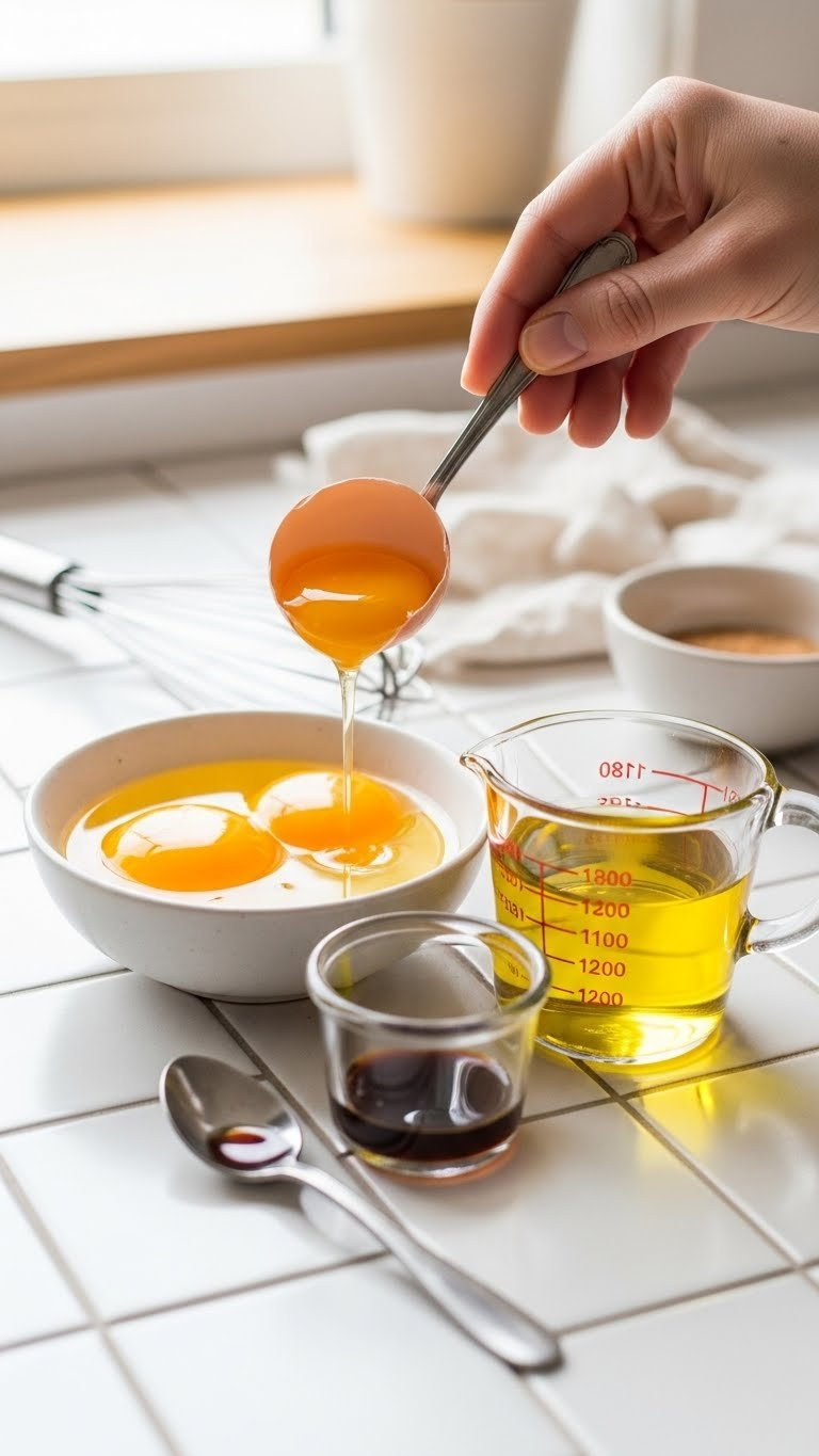 Two Cracked Eggs With Vibrant Yellow Yolks Alongside Vegetable Oil And Vanilla Extract In Measuring Cups