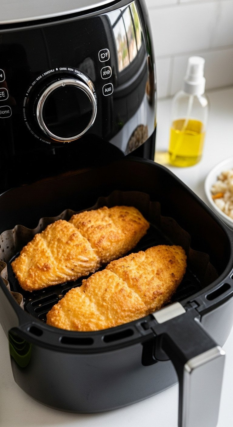 Two Crispy, Golden-Brown Air-Fried Mahi Mahi Fillets In A Black Air Fryer Basket, With Oil Spray And Quick-Cook Rice Nearby.