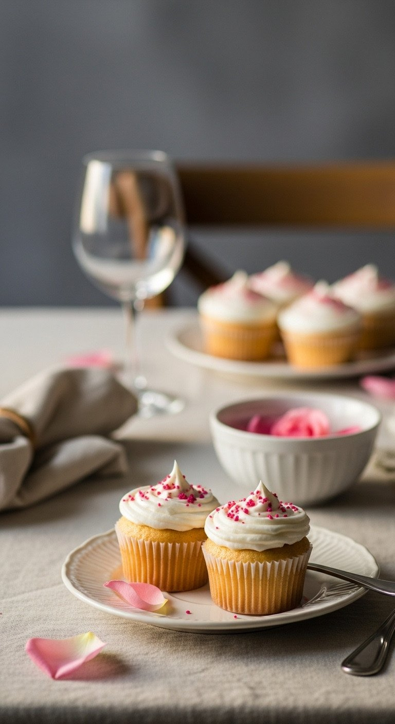 Two Dainty Frosted Vanilla Cupcakes On An Elegant Plate. Golden Hour Light, Linen Tablecloth, Rose Petals; A Romantic Small Batch Dessert.