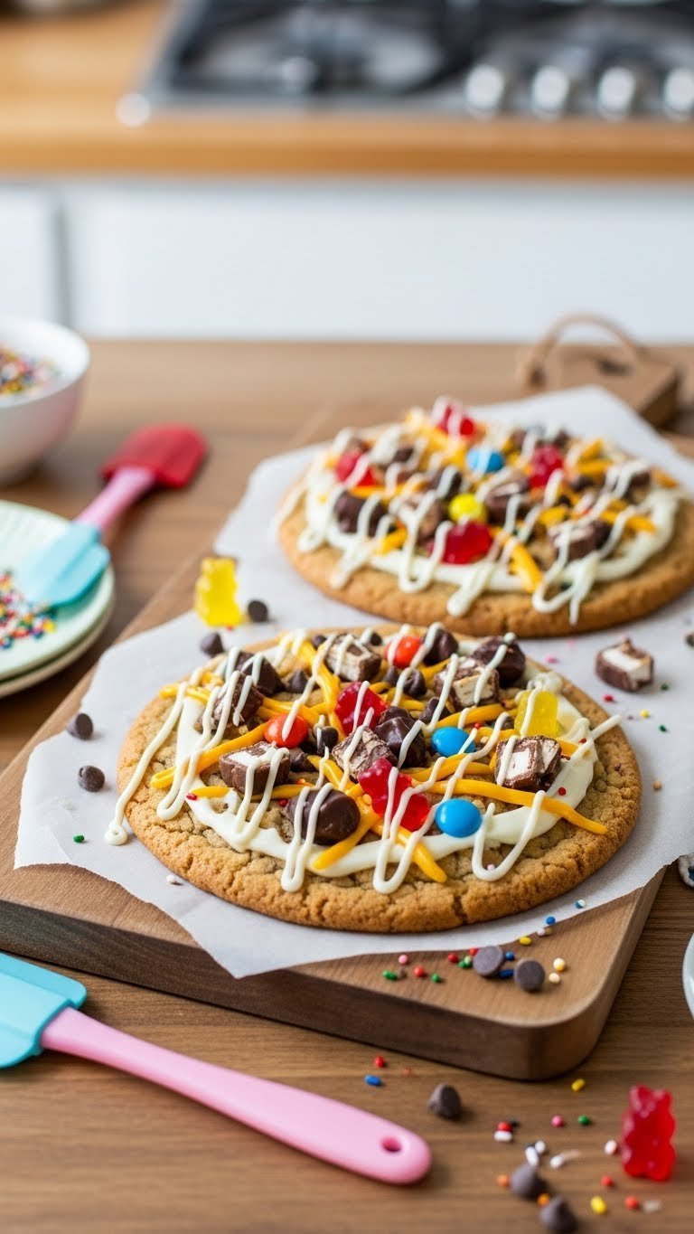 Two Decorated Cookie Pizzas Topped With Chocolate Chips, Candy Bars, And White Chocolate Drizzle On A Rustic Wooden Board
