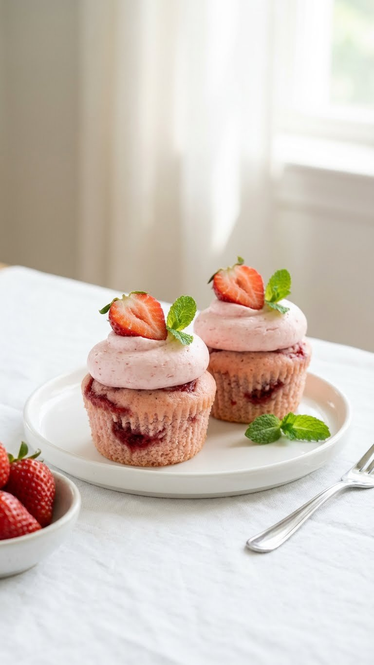 Two Delicate Strawberry Swirl Cupcakes With Pink Buttercream, Fresh Strawberry Slices, And Mint Sit On A White Plate.