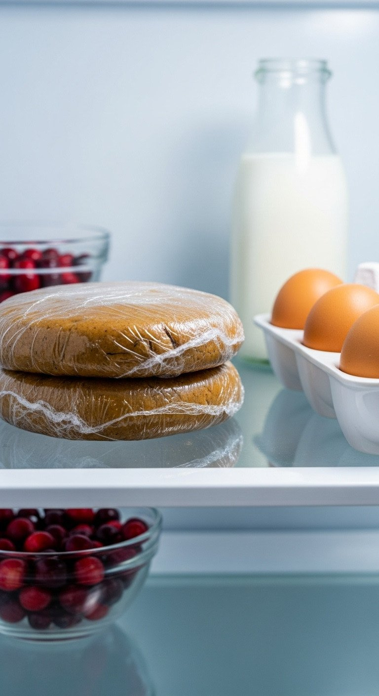 Two Discs Of Gingerbread Cookie Dough Tightly Wrapped In Plastic, Chilling On A Glass Refrigerator Shelf Next To A Carton Of Eggs.