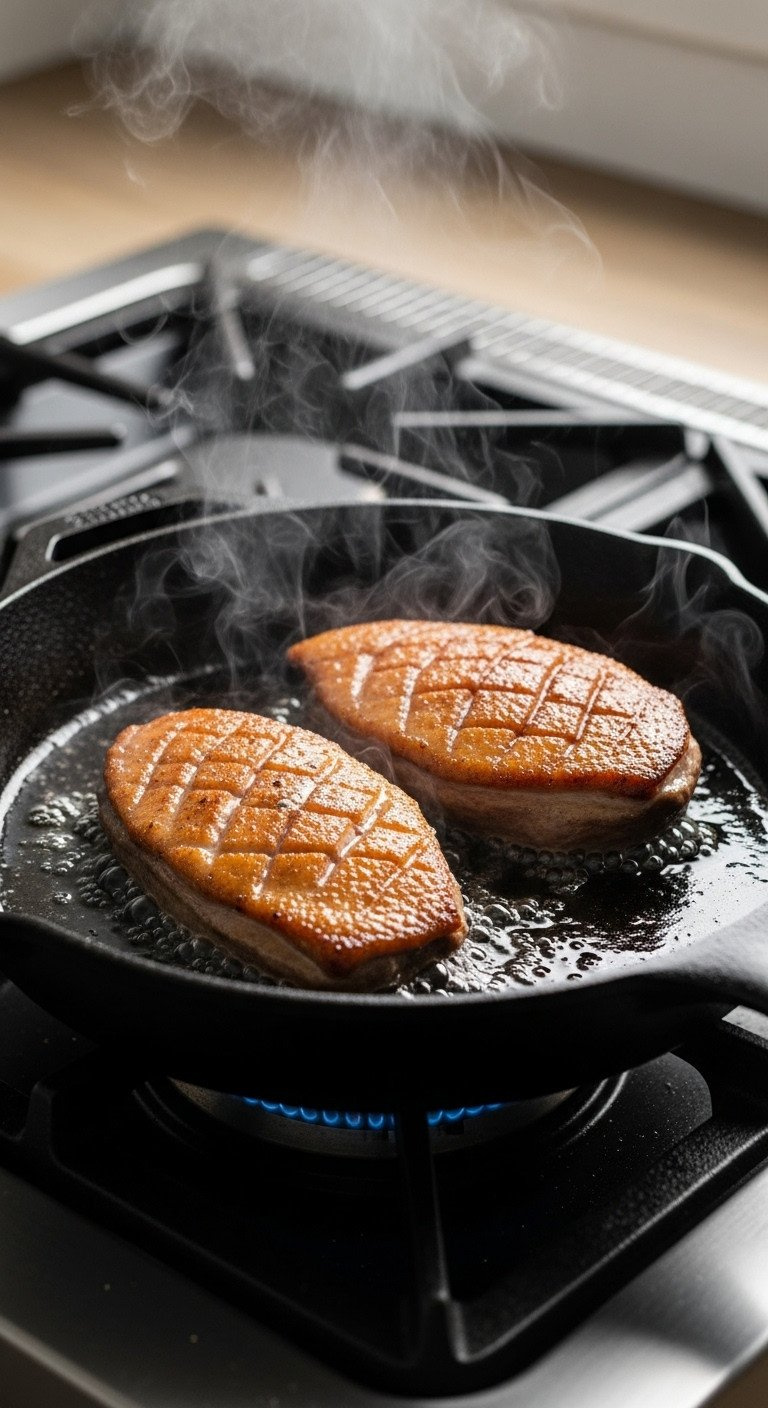 Two Duck Breasts Searing Skin-Down In A Cast-Iron Skillet, Sizzling In Rendered Fat To Create A Crispy Golden Crust.