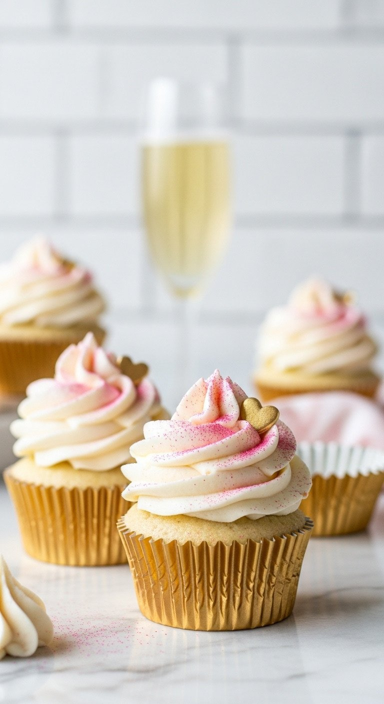 Two Elegant Champagne Cupcakes With Shimmering Pink Buttercream, Gold Heart Accents, And Edible Glitter On A Marble Counter.