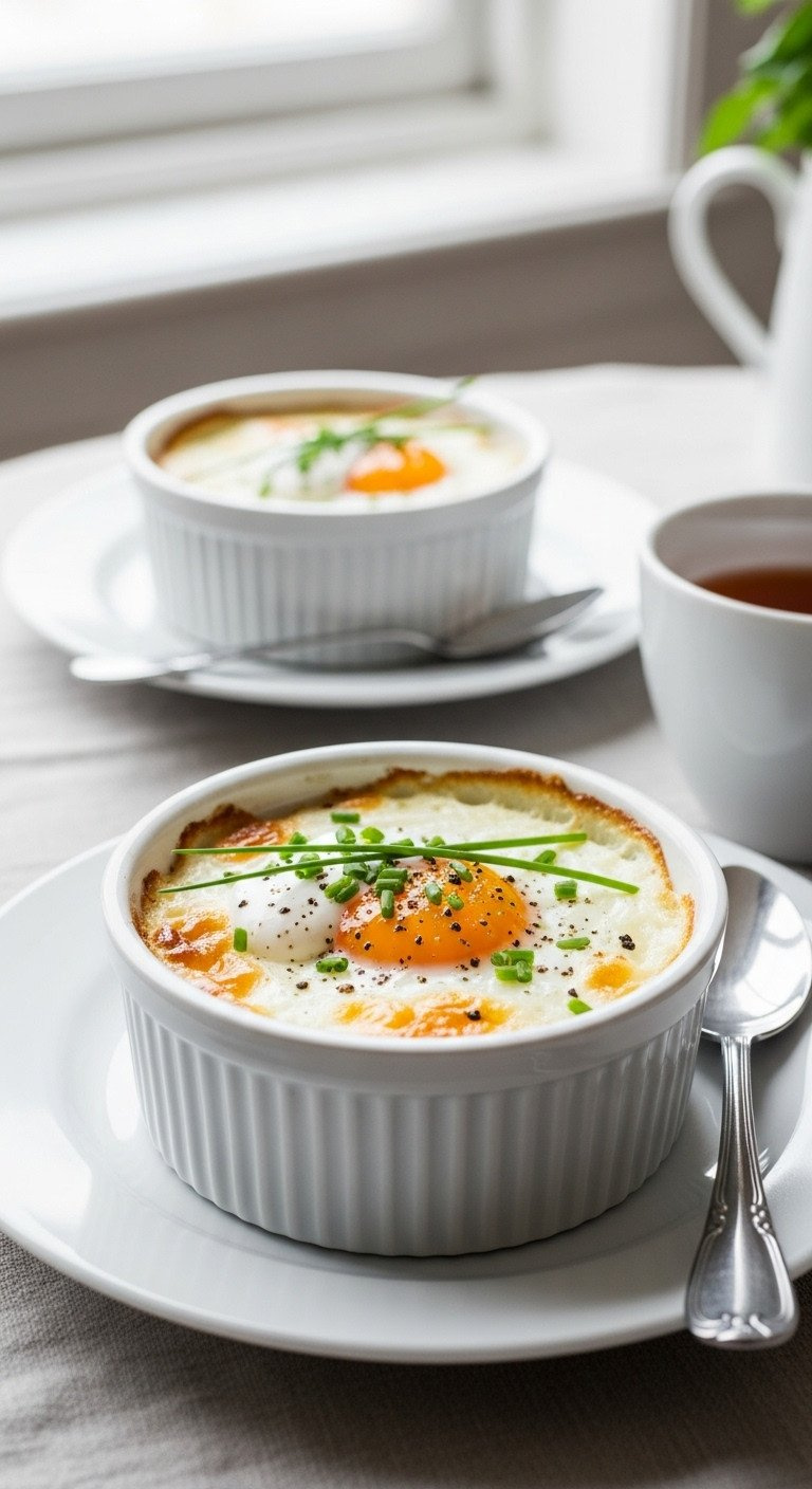 Two Elegant Shirred Eggs Baked In White Ceramic Ramekins, Topped With Cream And Chives For A Sophisticated Breakfast.