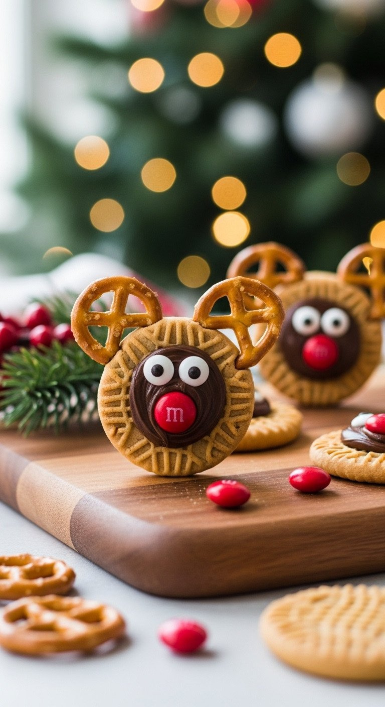Two Festive Nutter Butter Reindeer Cookies, Chocolate, Candy Eyes, M&Amp;M Nose, Pretzel Antlers, Rustic Wood Board, Blurred Christmas Tree Lights.