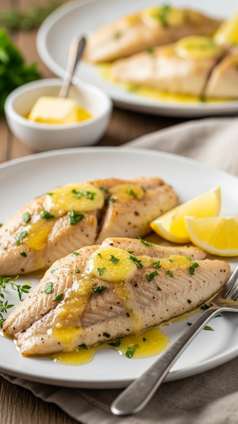 Two Flaky Baked Tilapia Fillets Glistening With Garlic Butter, Garnished With Fresh Parsley And Lemon Wedges On A White Ceramic Plate