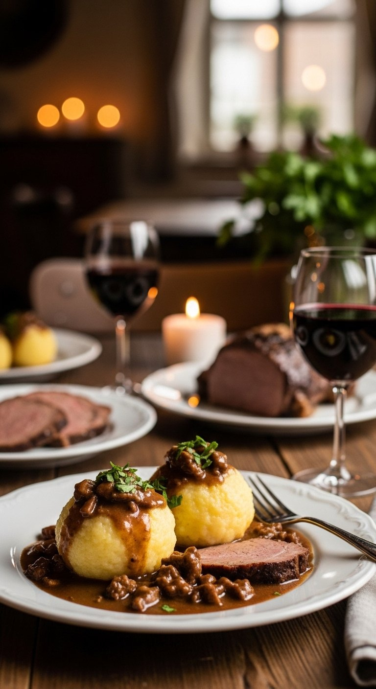 Two Fluffy German Potato Dumplings Plated With Rich Brown Gravy And Fresh Parsley Garnish.