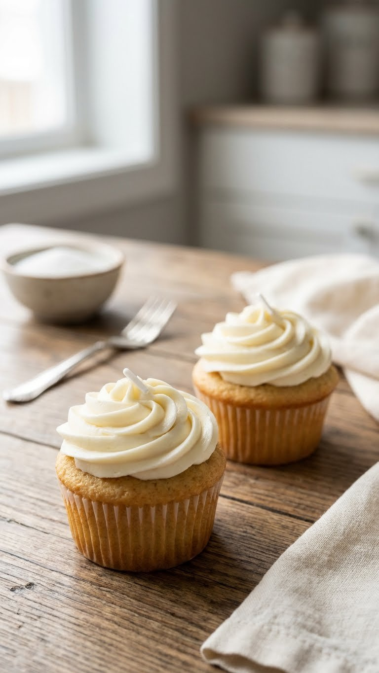 Two Fluffy Vanilla Cupcakes With Creamy White Buttercream Frosting And A Sprinkle Sit On A Rustic Wooden Table With Kitchen Background.