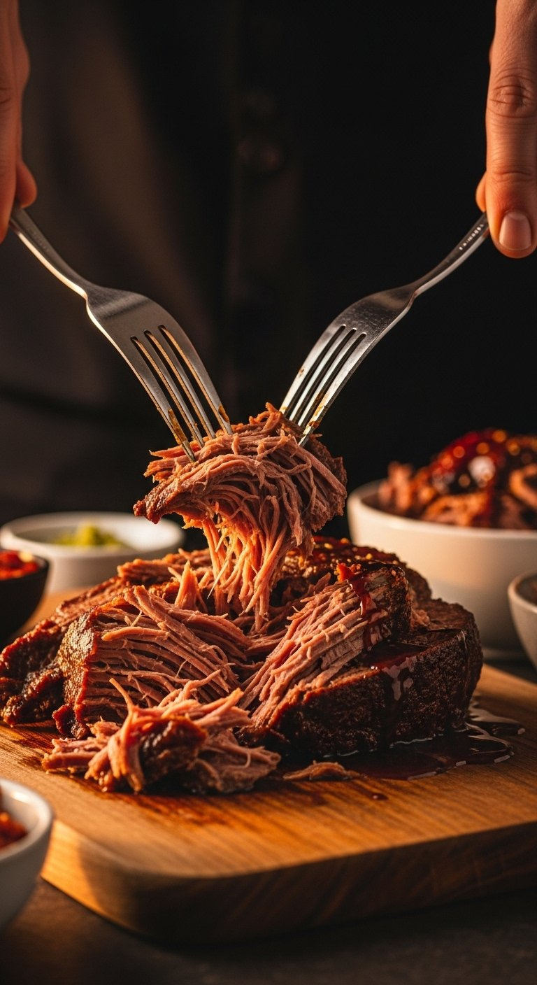 Two Forks Shredding A Juicy Tender Piece Of Korean Pot Roast On A Wooden Cutting Board.