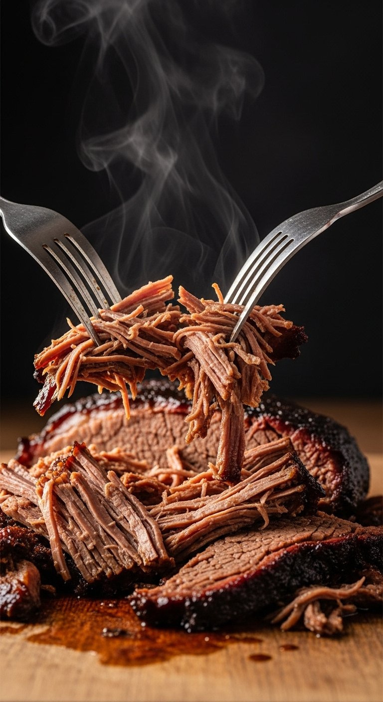 Two Forks Shredding Tender Juicy Beef Brisket On A Wooden Cutting Board.