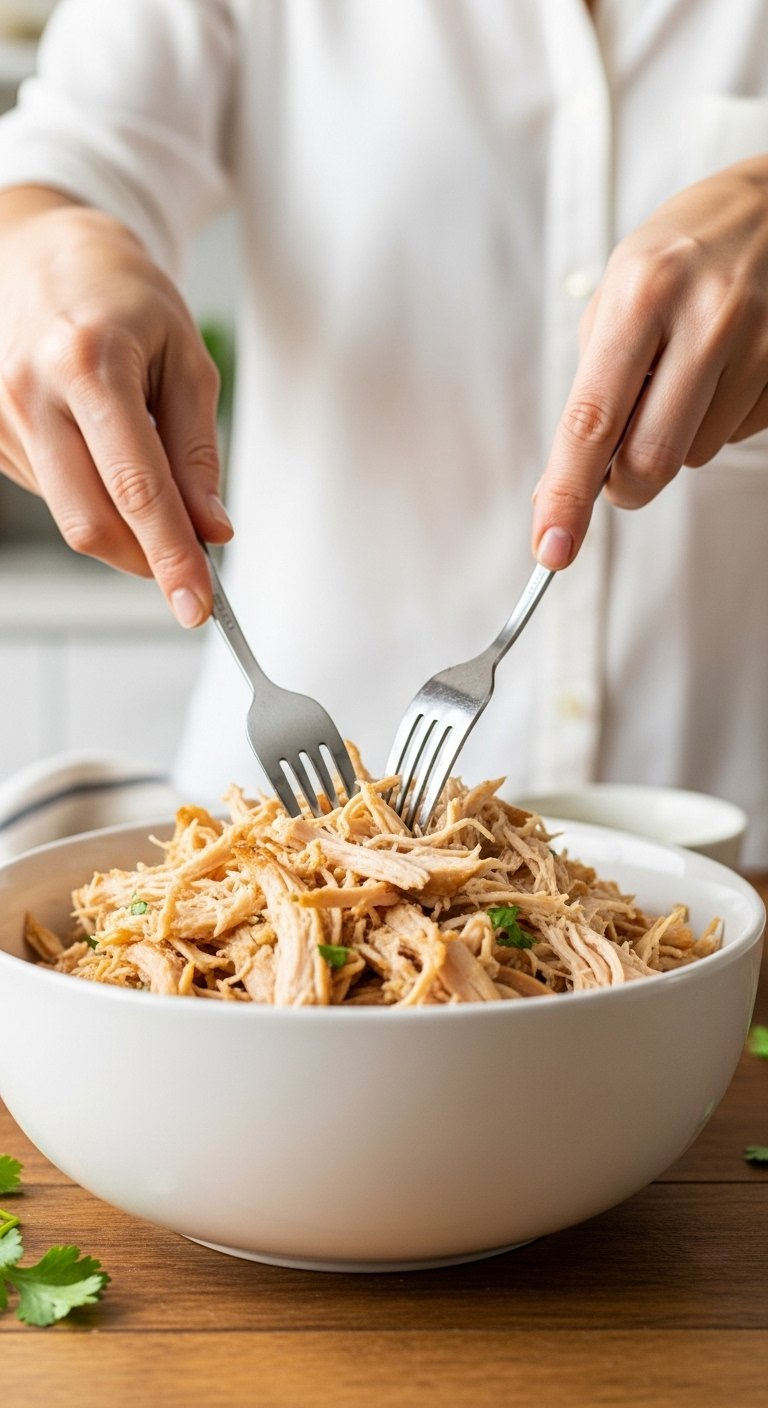 Two Forks Shredding Tender, Juicy Chicken Inside A Large Bowl Placed On A Rustic Wooden Table.