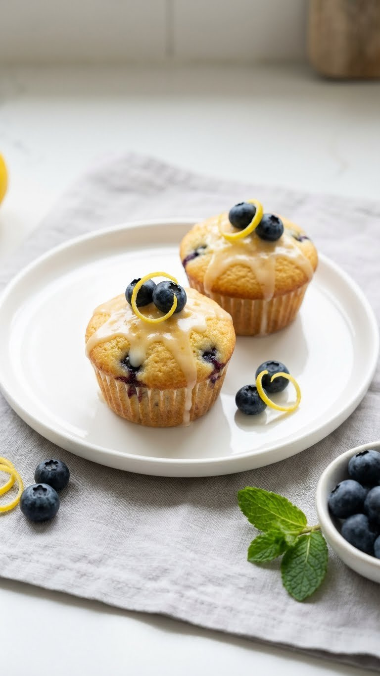 Two Fresh Lemon Blueberry Cupcakes With Glossy Lemon Glaze And Fresh Blueberries Rest On A White Ceramic Plate In Bright Light.