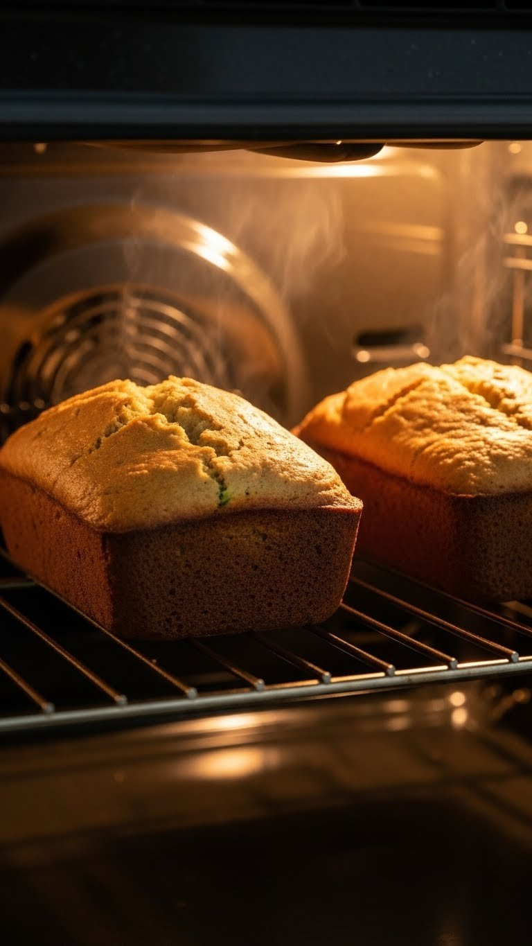 Two Freshly Baked Golden-Brown Zucchini Bread Loaves Rising In Warmly Lit Oven With Steam