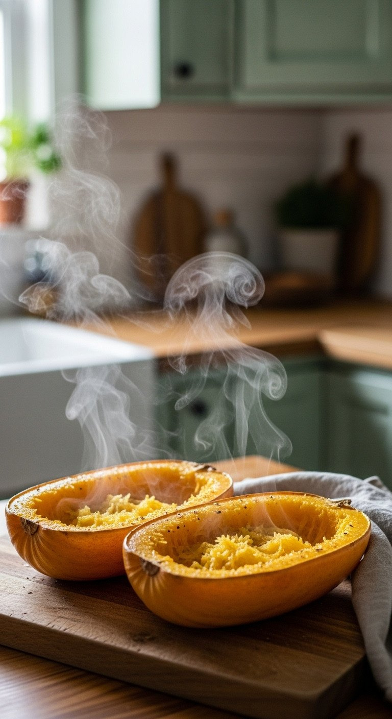 Two Freshly Roasted Spaghetti Squash Halves Resting Cut-Side Up On A Wooden Board, With Steam Gently Rising From The Flesh.