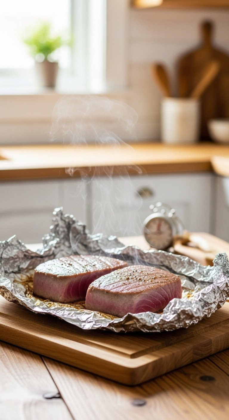 Two Freshly Seared Tuna Steaks Resting On A Wooden Cutting Board, Loosely Tented With Foil, Subtle Steam Escaping.