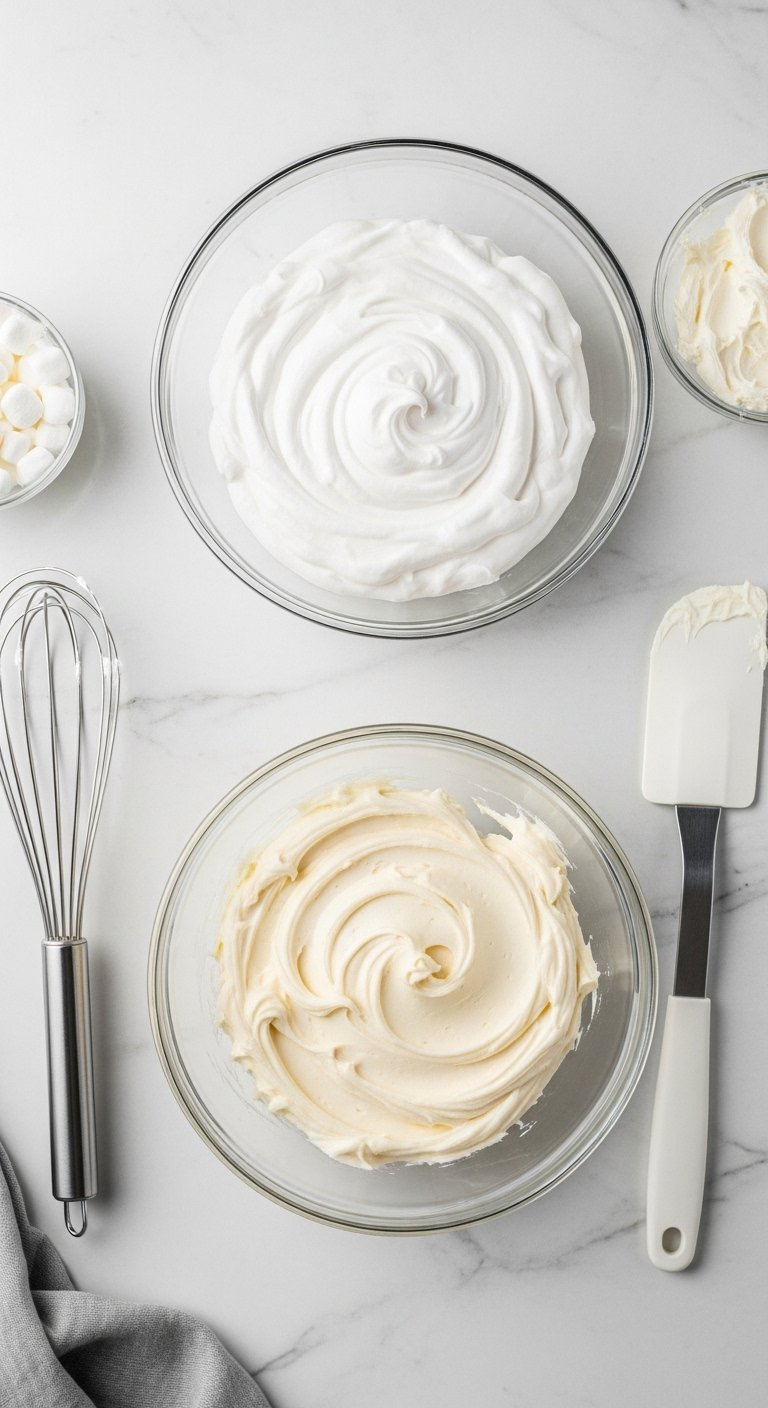 Two Glass Bowls Of Marshmallow Fluff And Vanilla Buttercream Filling On A White Marble Counter.