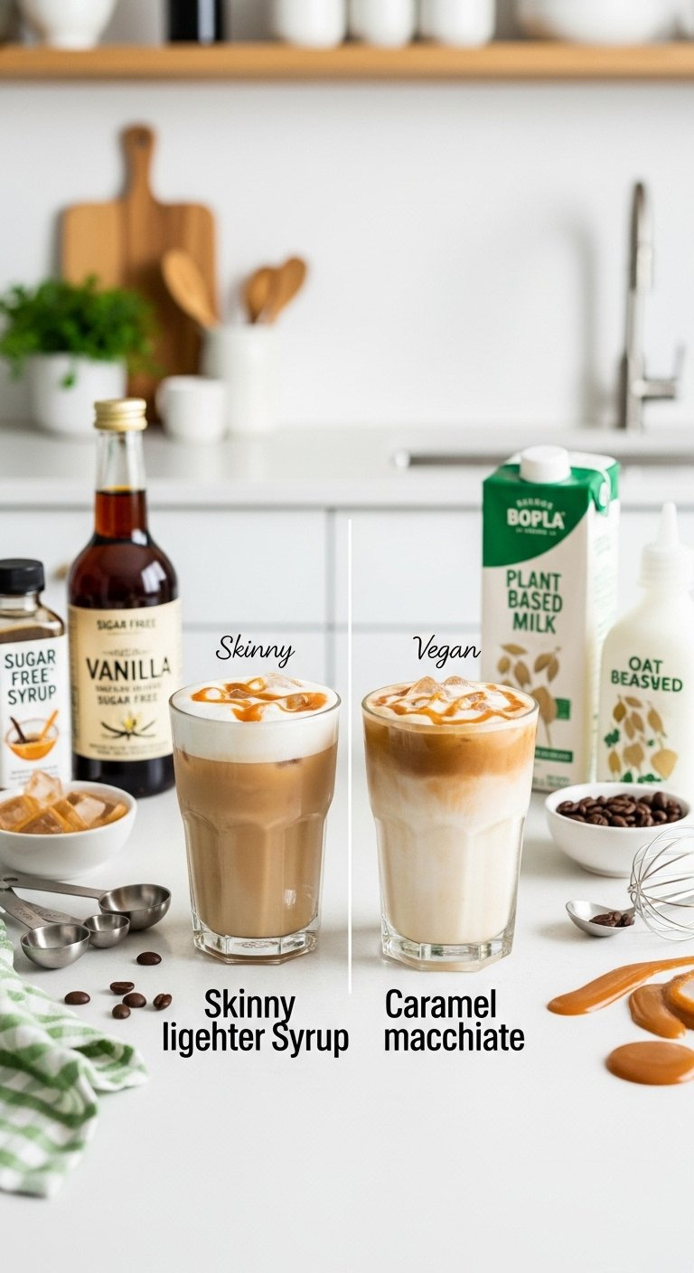 Two Glasses Of Iced Caramel Macchiato With Sugar-Free Syrup And Oat Milk Options Arranged On A Minimalist Countertop With Kitchen Tools.