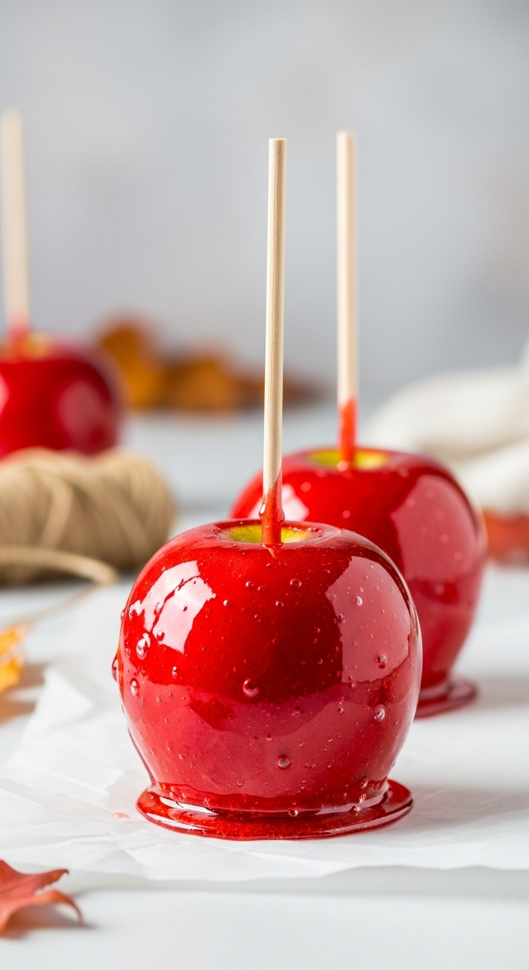 Two Glossy Bright Red Candied Apples On Wooden Sticks On Parchment Paper With Scattered Autumn Leaves And Twine