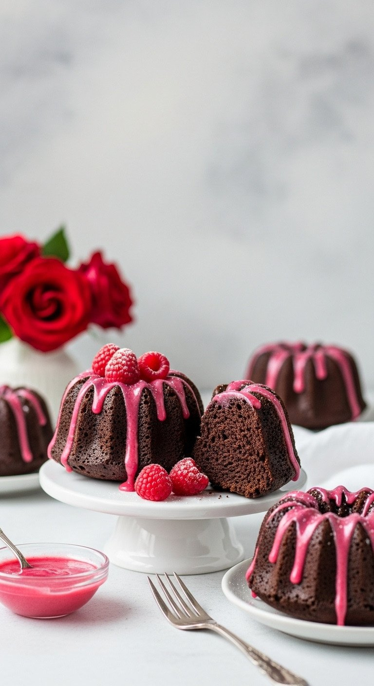 Two Glossy Mini Chocolate Bundt Cakes, Pink Raspberry Glaze, Fresh Raspberries, Powdered Sugar. Elegant Gourmet Dessert.