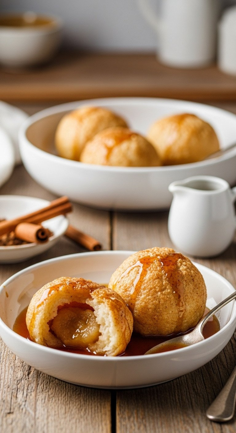 Two Golden-Brown Apple Dumplings In A White Bowl, Glistening With Cinnamon Syrup. Tender Pastry, Soft Apple Inside.