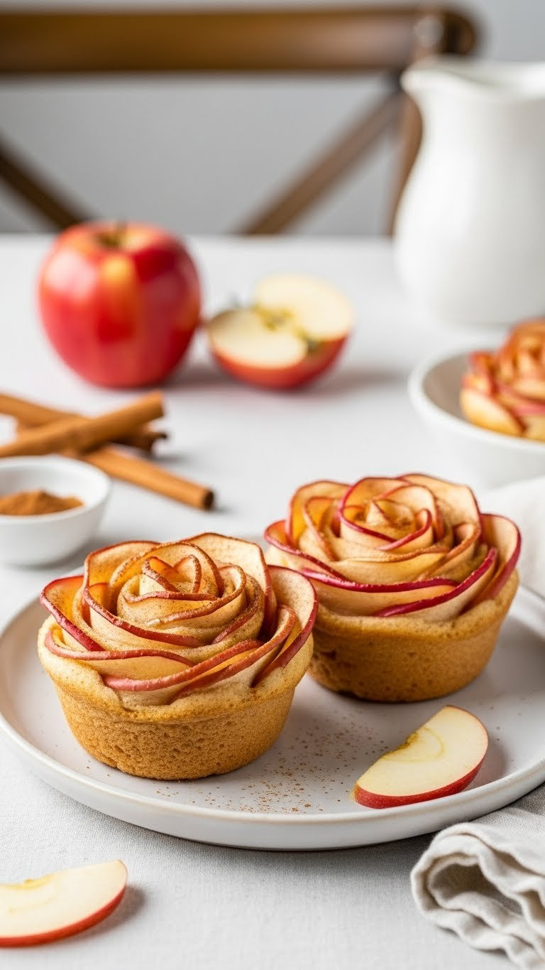 Two Golden-Brown Baked Apple Roses With Delicate Fanned Apple Slices Dusted With Cinnamon Sugar