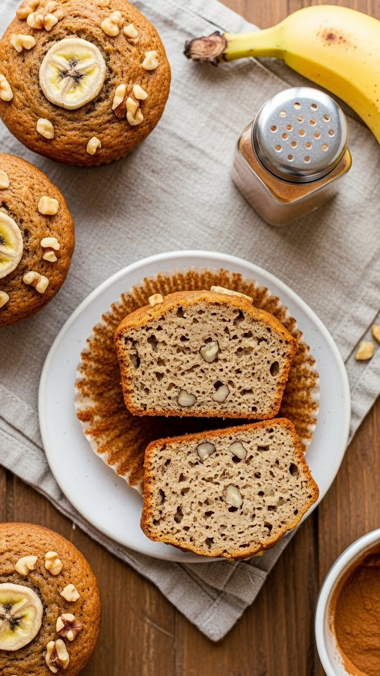 Two Golden-Brown Banana Nut Muffins, One Sliced To Reveal Moist Interior And Nuts, On A Rustic Table With A Fresh Banana.