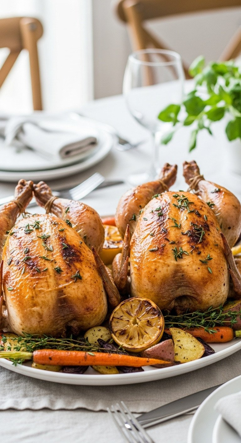 Two Golden-Brown Roasted Cornish Hens With Crispy Herb Skin, Lemon, Thyme, And Roasted Vegetables On A Rustic Platter.