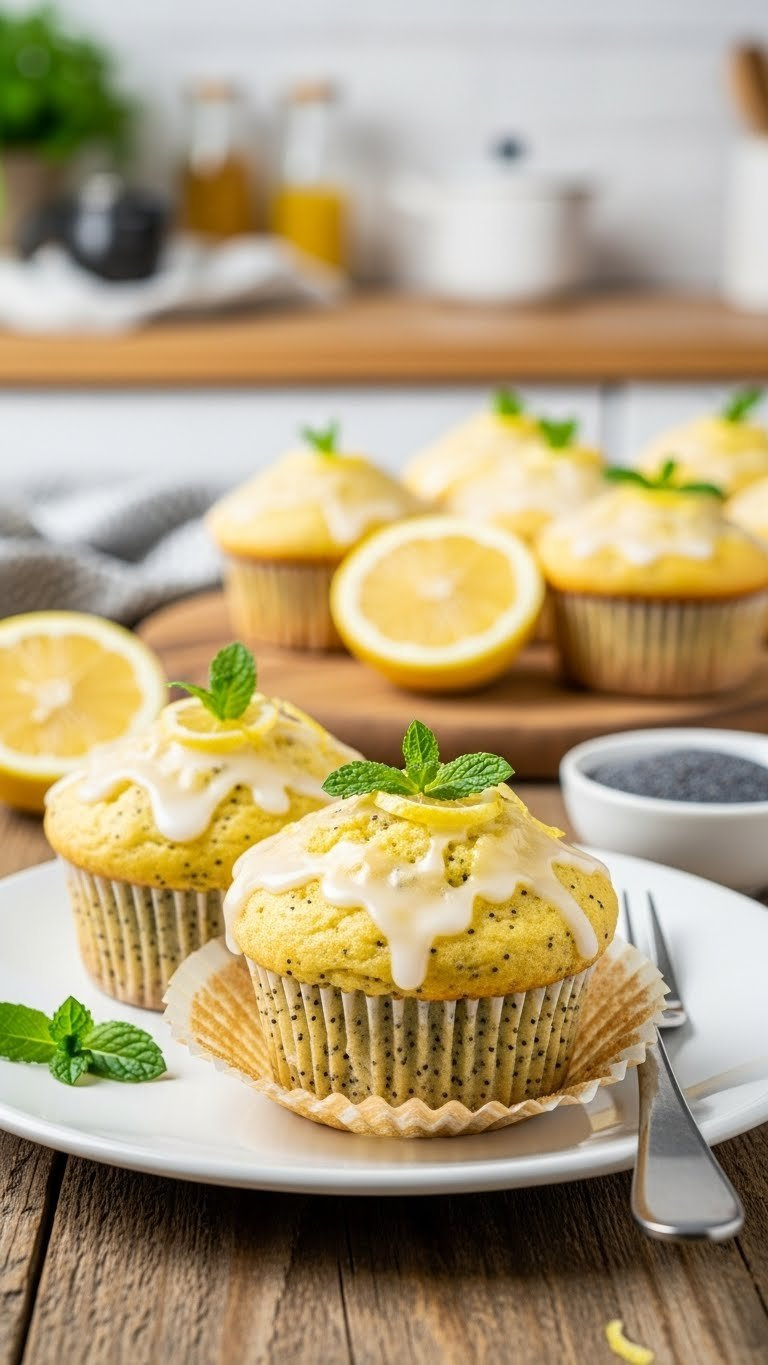 Two Golden-Yellow Lemon Poppy Seed Muffins With Glaze Drizzle On Rustic Table With Lemon Slices And Mint Sprig