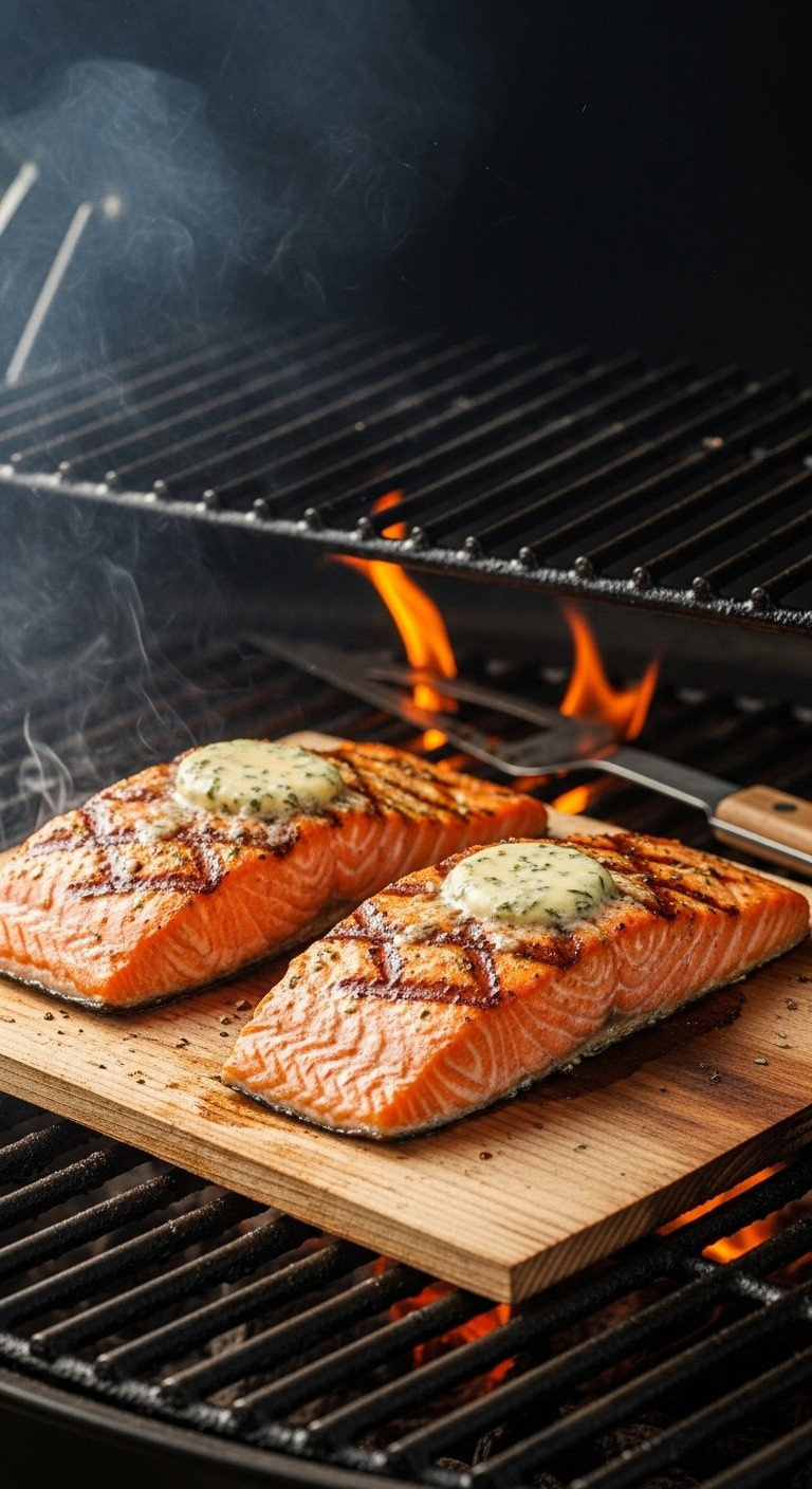 Two Grilled Salmon Fillets With Char Marks Smoking On A Cedar Plank, Topped With A Lemon-Herb Butter For A Summer Bbq.